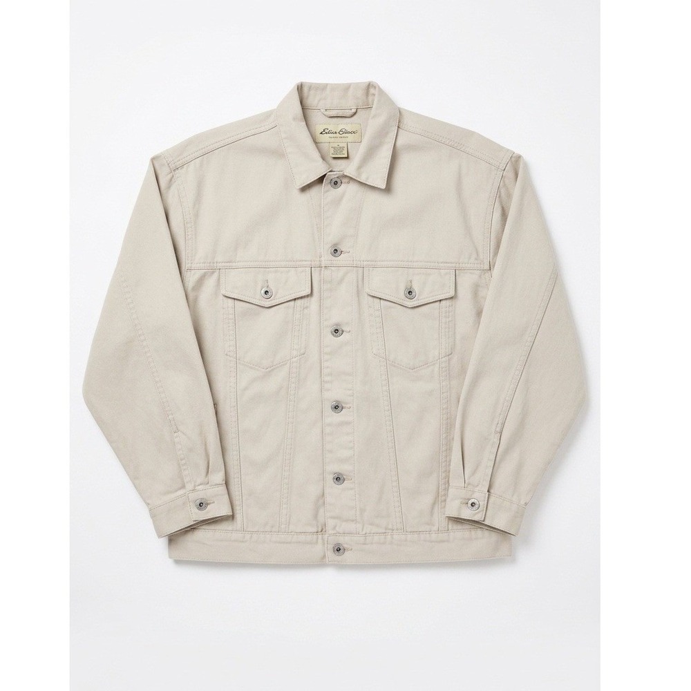 Eddie Bauer Men L Denim Trucker Jacket Beige Tan Cotton Canvas Workwear Utility